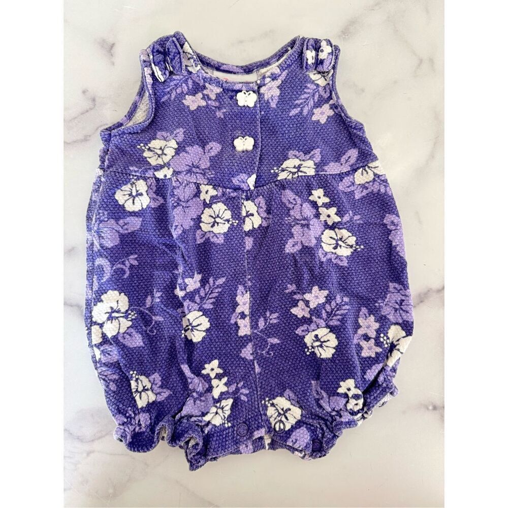 Small steps 3-6 month vintage 90s retro purple Hawiiaan floral romper hibiscus c